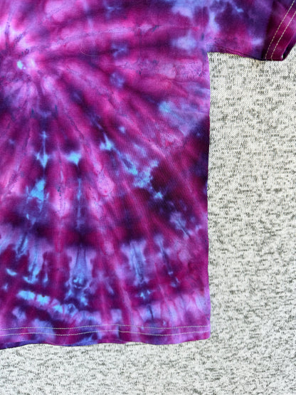 MHD Kids Dark Purple Pink Blue Spiral Ice Dye Tie Dye Short Sleeve Shirt 100% Cotton Size XS
