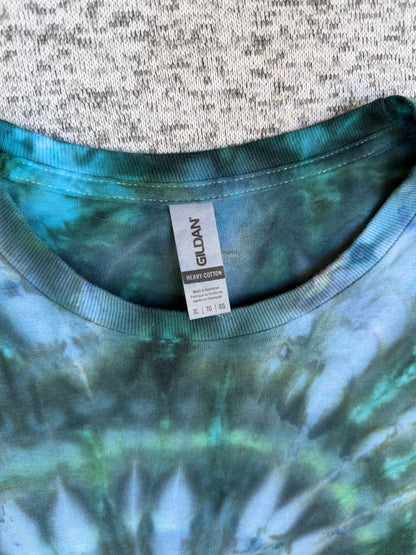 MHD Navy Blue Dark Green Gray Spiral Ice Dye Tie Dye Short Sleeve Shirt 100% Cotton Size XL