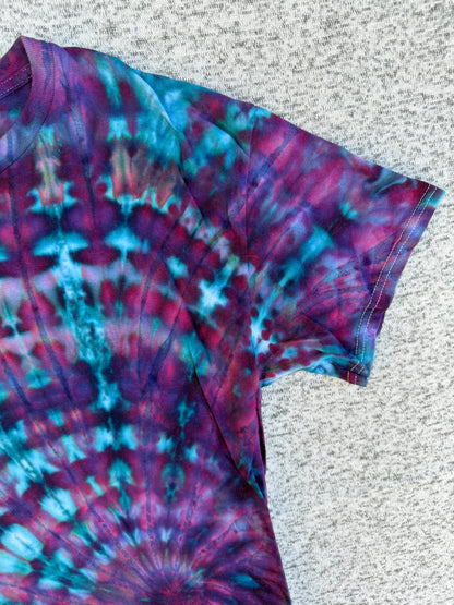 MHD Dark Purple Navy Blue Teal Lavender Spiral Ice Dye Tie Dye Short Sleeve Shirt 100% Cotton Size Large