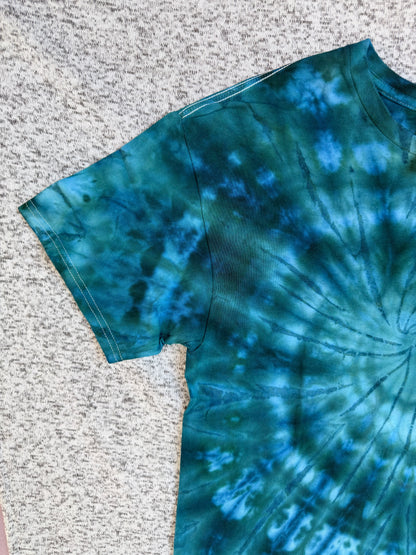 MHD Dark Green Navy Blue Spiral Ice Dye Tie Dye Short Sleeve Shirt 100% Cotton Size Large