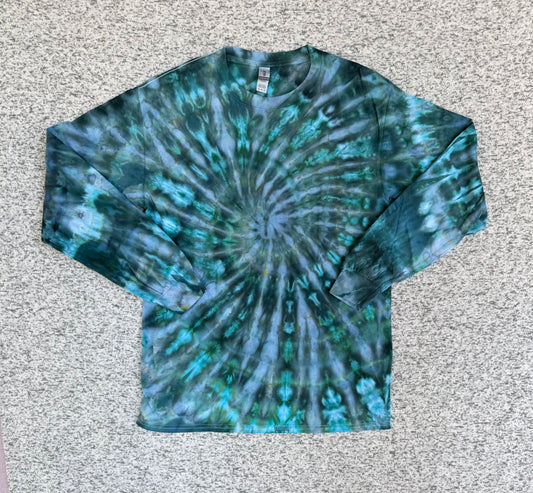 MHD Navy Blue Green Teal Gray Spiral Ice Dye Tie Dye Long Sleeve Shirt 100% Cotton Size Medium