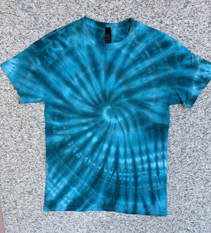 MHD Denim Blue Light Blue Green Spiral Ice Dye Tie Dye Short Sleeve Shirt 100% Cotton Size Medium