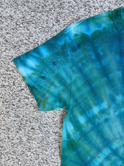 MHD Blue Green Spiral Ice Dye Tie Dye Short Sleeve Shirt 100% Cotton Size Medium