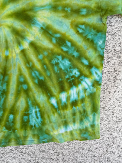 MHD Olive Green Teal Light Green Blue Spiral Ice Dye Tie Dye Short Sleeve Shirt 100% Cotton Size XL