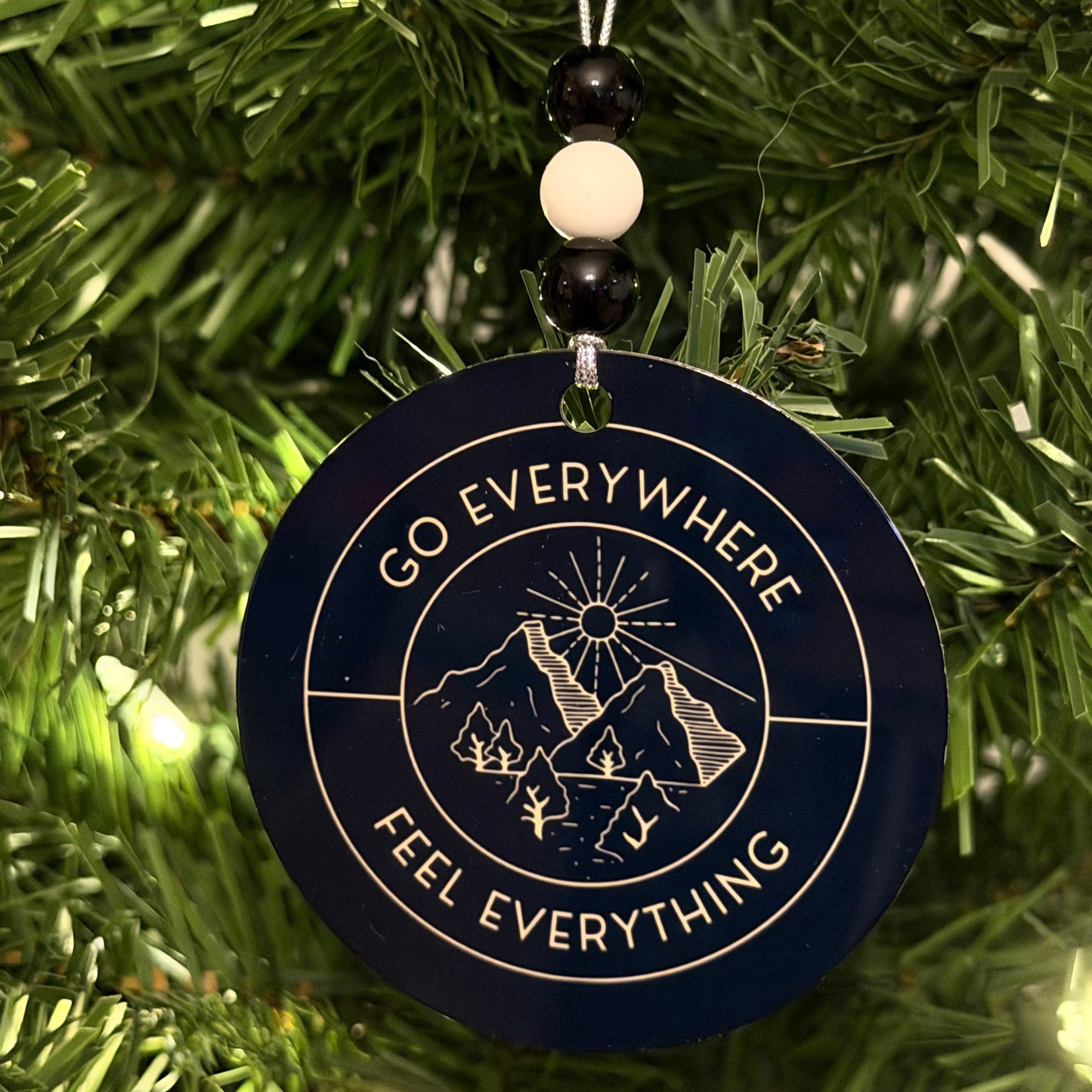 Goose Go Everywhere Feel Everything Mountains Trees Black Cream Metal Holiday Christmas Ornament with Beads with Gift Box 2 Sizes: 2.75" x 2.75" or 3.5" x 3.5"