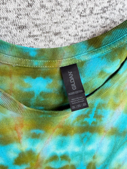 MHD Olive Green Bright Blue Spiral Ice Dye Tie Dye Short Sleeve Shirt 100% Cotton Size XXL