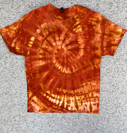 MHD Dark Orange Burnt Orange Brown Light Orange Spiral Ice Dye Tie Dye Short Sleeve Shirt 100% Cotton Size XL