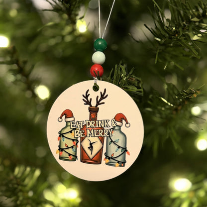 Eat Drink & Be Merry Holiday Christmas Lights Reindeer Santa Hat Bottles Metal Holiday Christmas Ornament with Beads with Gift Box 2 Sizes: 2.75" x 2.75" or 3.5" x 3.5"