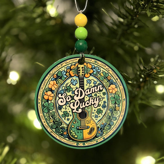 So Damn Lucky Green Yellow Shamrocks Guitar Metal Holiday Christmas Ornament with Beads with Gift Box 2 Sizes: 2.75" x 2.75" or 3.5" x 3.5"