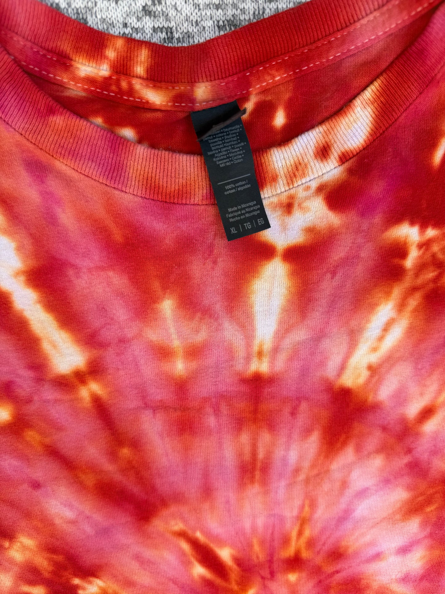 MHD Red Dark Orange Yellow Coral Spiral Ice Dye Tie Dye Short Sleeve Shirt 100% Cotton Size XL