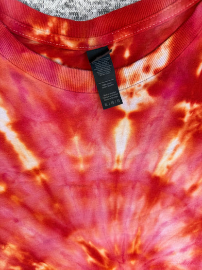 MHD Red Dark Orange Yellow Coral Spiral Ice Dye Tie Dye Short Sleeve Shirt 100% Cotton Size XL