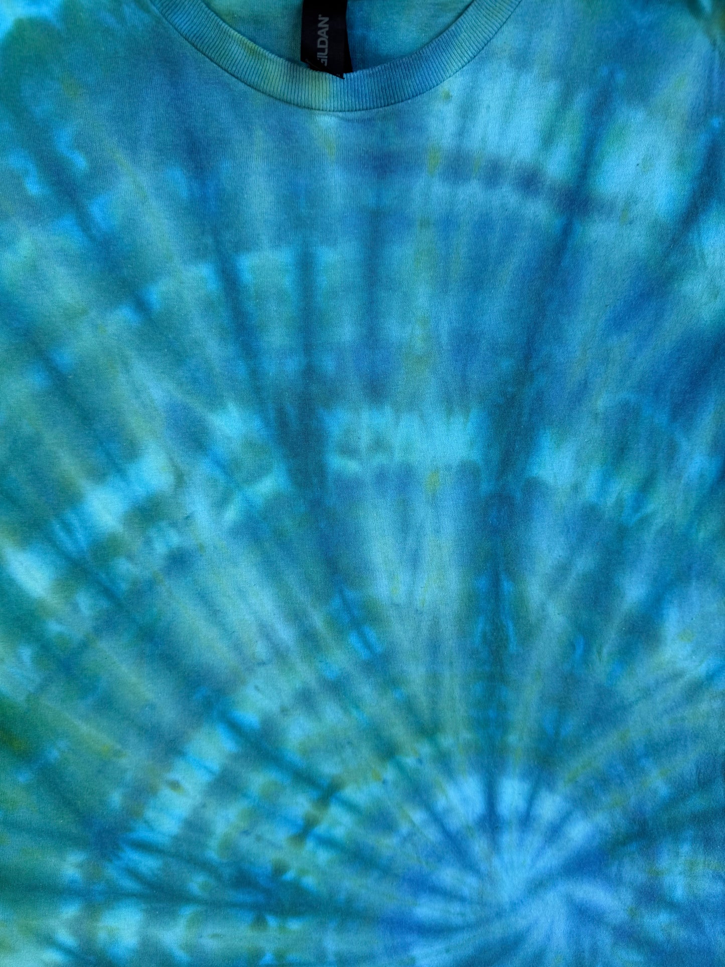 MHD Blue Green Spiral Ice Dye Tie Dye Short Sleeve Shirt 100% Cotton Size Medium