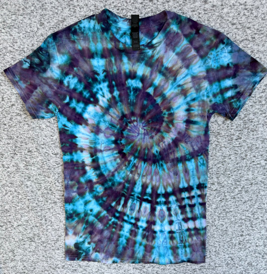 MHD Dark Blue Purple Grey Spiral Ice Dye Tie Dye Short Sleeve Shirt 100% Cotton Size Small