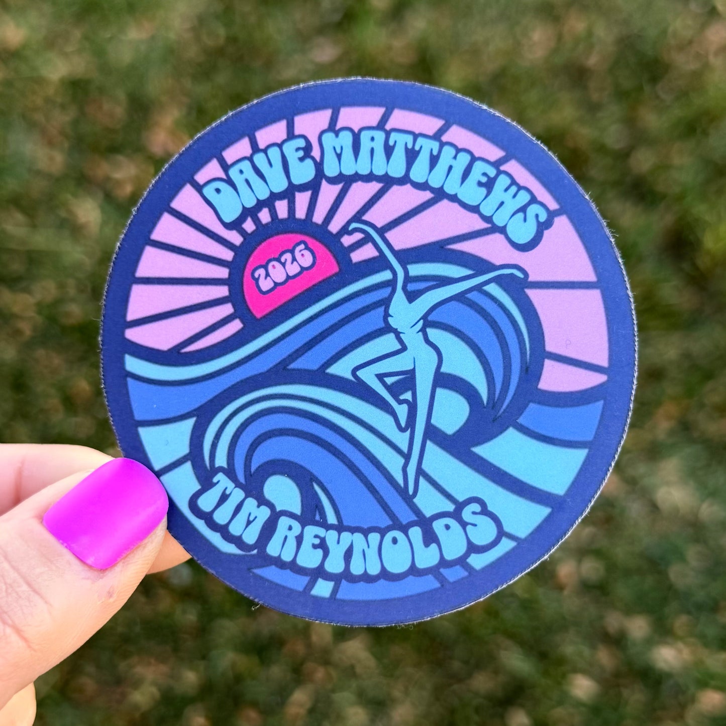 Dave Matthews Tim Reynolds Mexico 2026 Navy Blue Ocean Waves Pink Sunset with Dark Pink Sun Vinyl Sticker Slap 3" x 3" Matte Finish