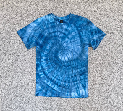 MHD Dark Blue Light Blue Spiral Ice Dye Tie Dye Short Sleeve Shirt 100% Cotton Size Medium