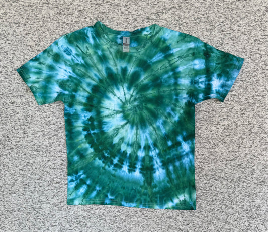 MHD Kids Dark Green Navy Blue Light Green Spiral Ice Dye Tie Dye Short Sleeve Shirt 100% Cotton Size Medium