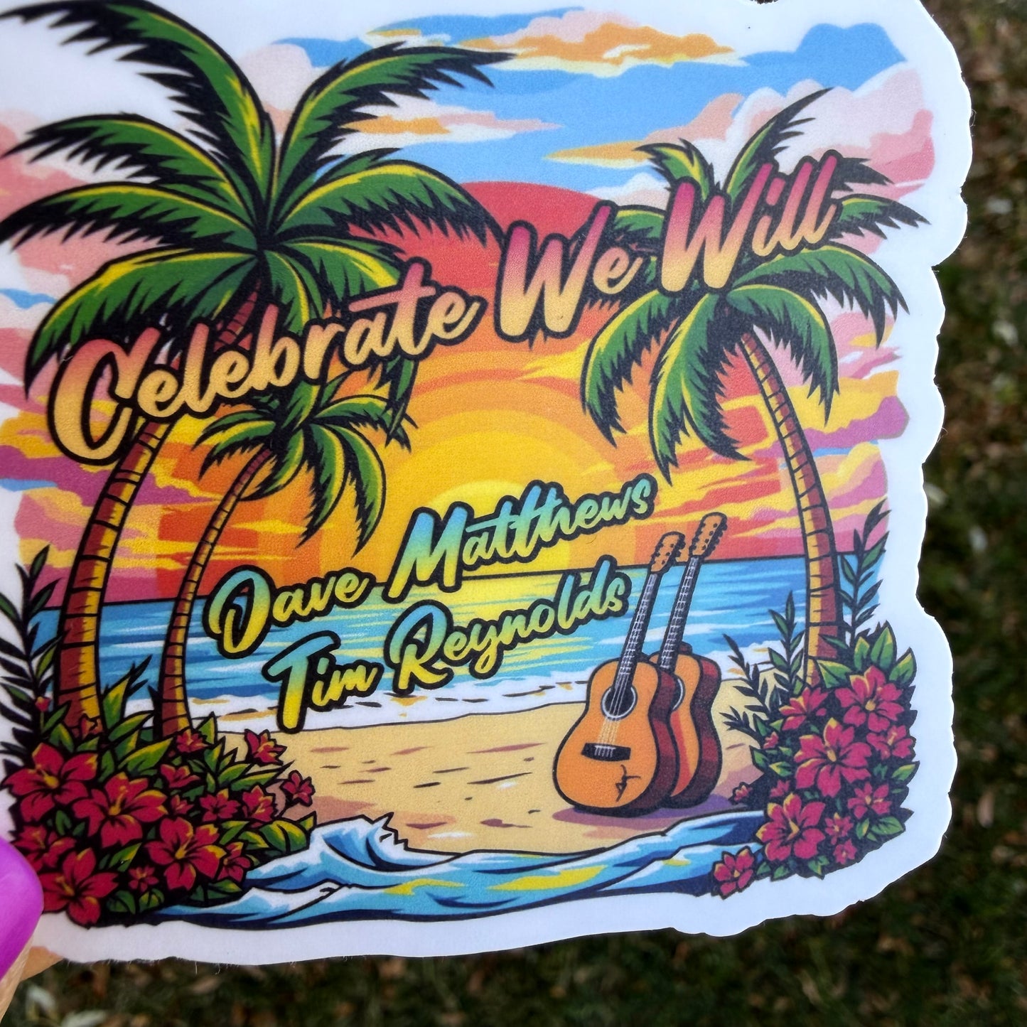 Dave Matthews Tim Reynolds Mexico 2026 Celebrate We Will Palm Trees Beach Sunset Guitars Vinyl Sticker Slap 2.8” x 2.75” Matte Finish