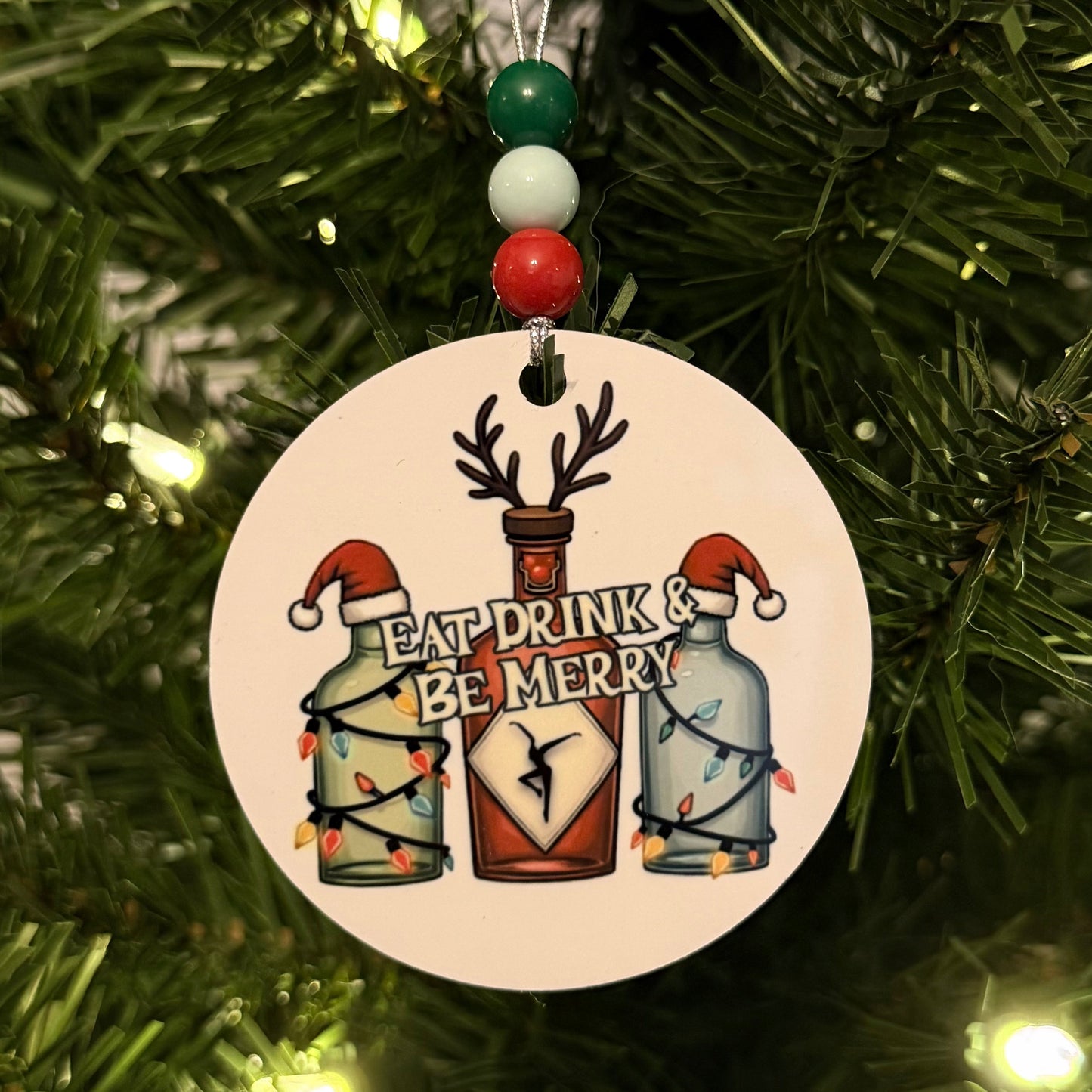 Eat Drink & Be Merry Holiday Christmas Lights Reindeer Santa Hat Bottles Metal Holiday Christmas Ornament with Beads with Gift Box 2 Sizes: 2.75" x 2.75" or 3.5" x 3.5"