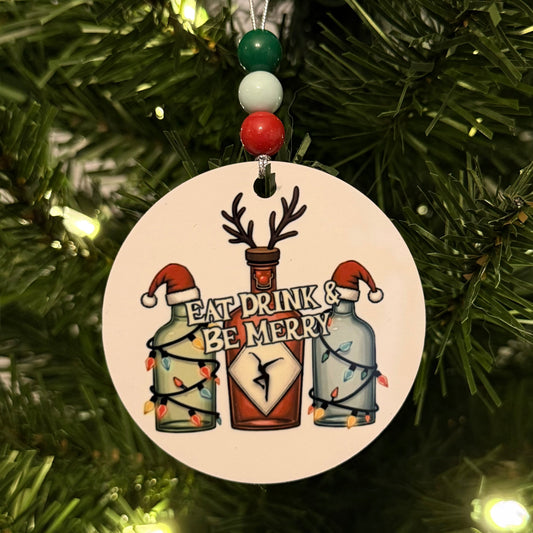 Eat Drink & Be Merry Holiday Christmas Lights Reindeer Santa Hat Bottles Metal Holiday Christmas Ornament with Beads with Gift Box 2 Sizes: 2.75" x 2.75" or 3.5" x 3.5"