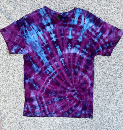 MHD Dark Purple Navy Blue Light Blue Spiral Ice Dye Tie Dye Short Sleeve Shirt 100% Cotton Size Medium