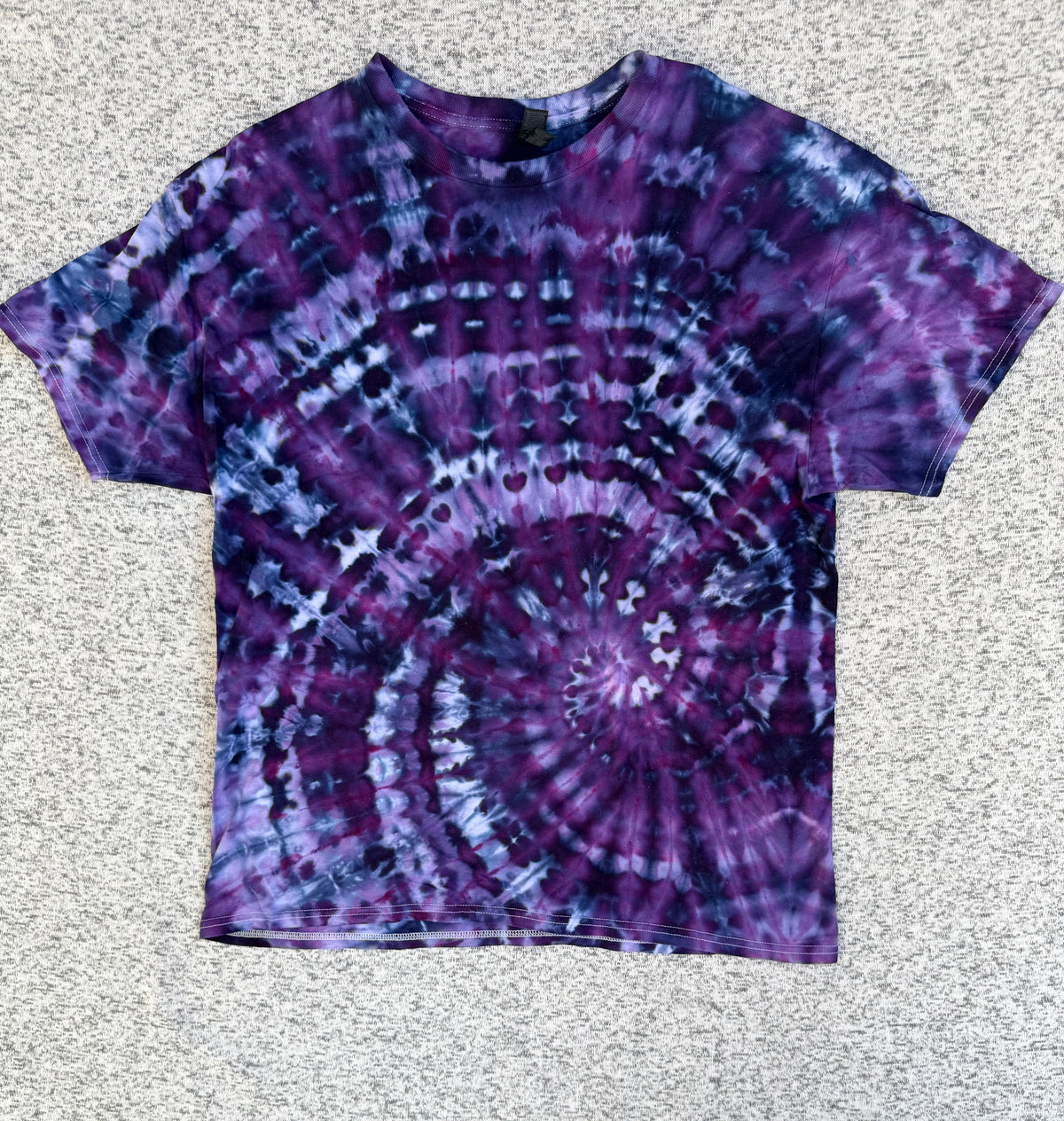 MHD Dark Purple Navy Blue Lavender Spiral Ice Dye Tie Dye Short Sleeve Shirt 100% Cotton Size XL
