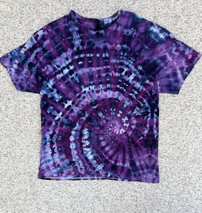 MHD Dark Purple Navy Blue Lavender Spiral Ice Dye Tie Dye Short Sleeve Shirt 100% Cotton Size XL