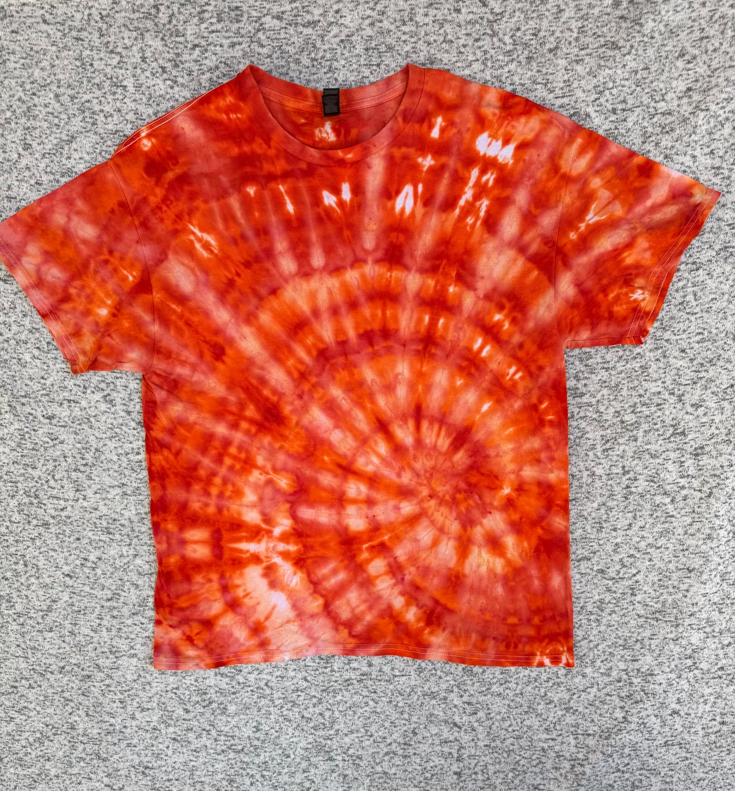 MHD Dark Orange Bright Orange Red Spiral Ice Dye Tie Dye Short Sleeve Shirt 100% Cotton Size XL