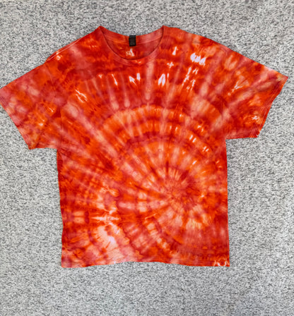 MHD Dark Orange Bright Orange Red Spiral Ice Dye Tie Dye Short Sleeve Shirt 100% Cotton Size XL