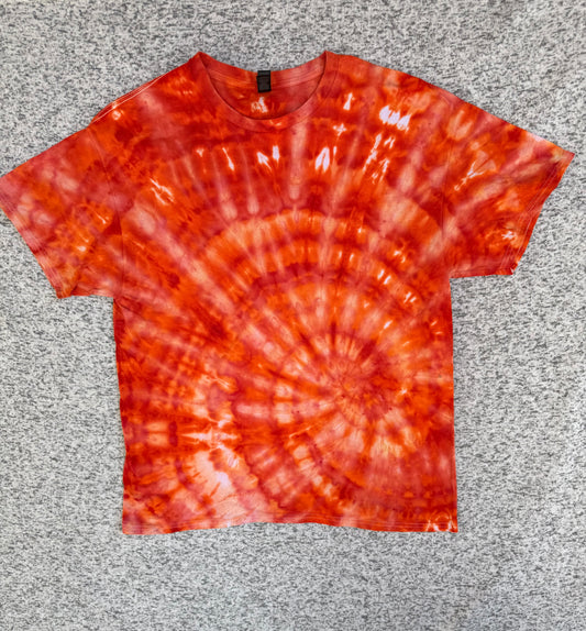 MHD Dark Orange Bright Orange Red Spiral Ice Dye Tie Dye Short Sleeve Shirt 100% Cotton Size XL