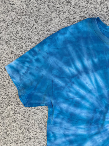 MHD Bright Blue LIght Blue White Spiral Ice Dye Tie Dye Short Sleeve Shirt 100% Cotton Size XL