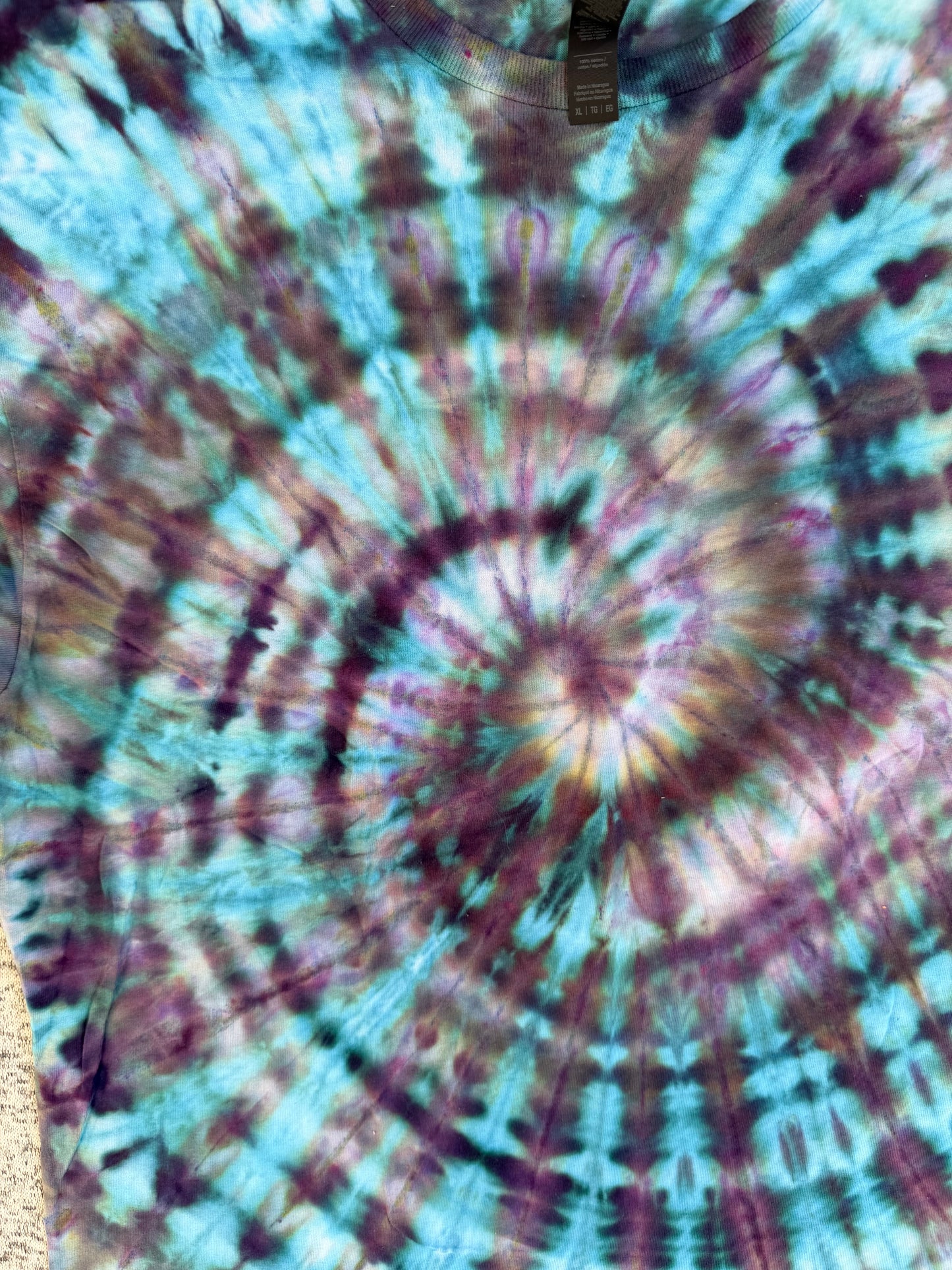 MHD Dark Purple Dark Blue Teal Spiral Ice Dye Tie Dye Short Sleeve Shirt 100% Cotton Size XL