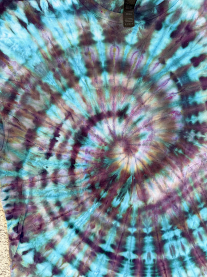 MHD Dark Purple Dark Blue Teal Spiral Ice Dye Tie Dye Short Sleeve Shirt 100% Cotton Size XL