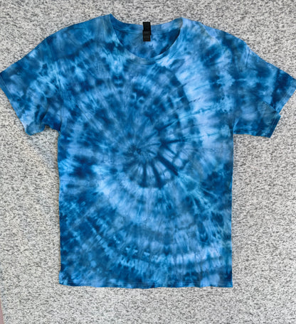 MHD Dark Blue Light Blue Spiral Ice Dye Tie Dye Short Sleeve Shirt 100% Cotton Size Large