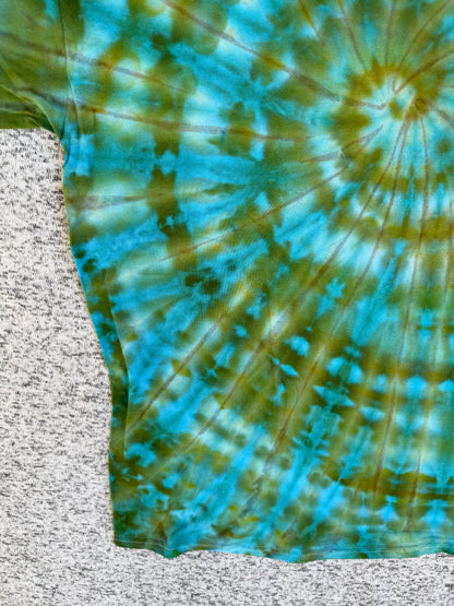 MHD Olive Green Brown Bright Blue Teal Spiral Ice Dye Tie Dye Short Sleeve Shirt 100% Cotton Size XL