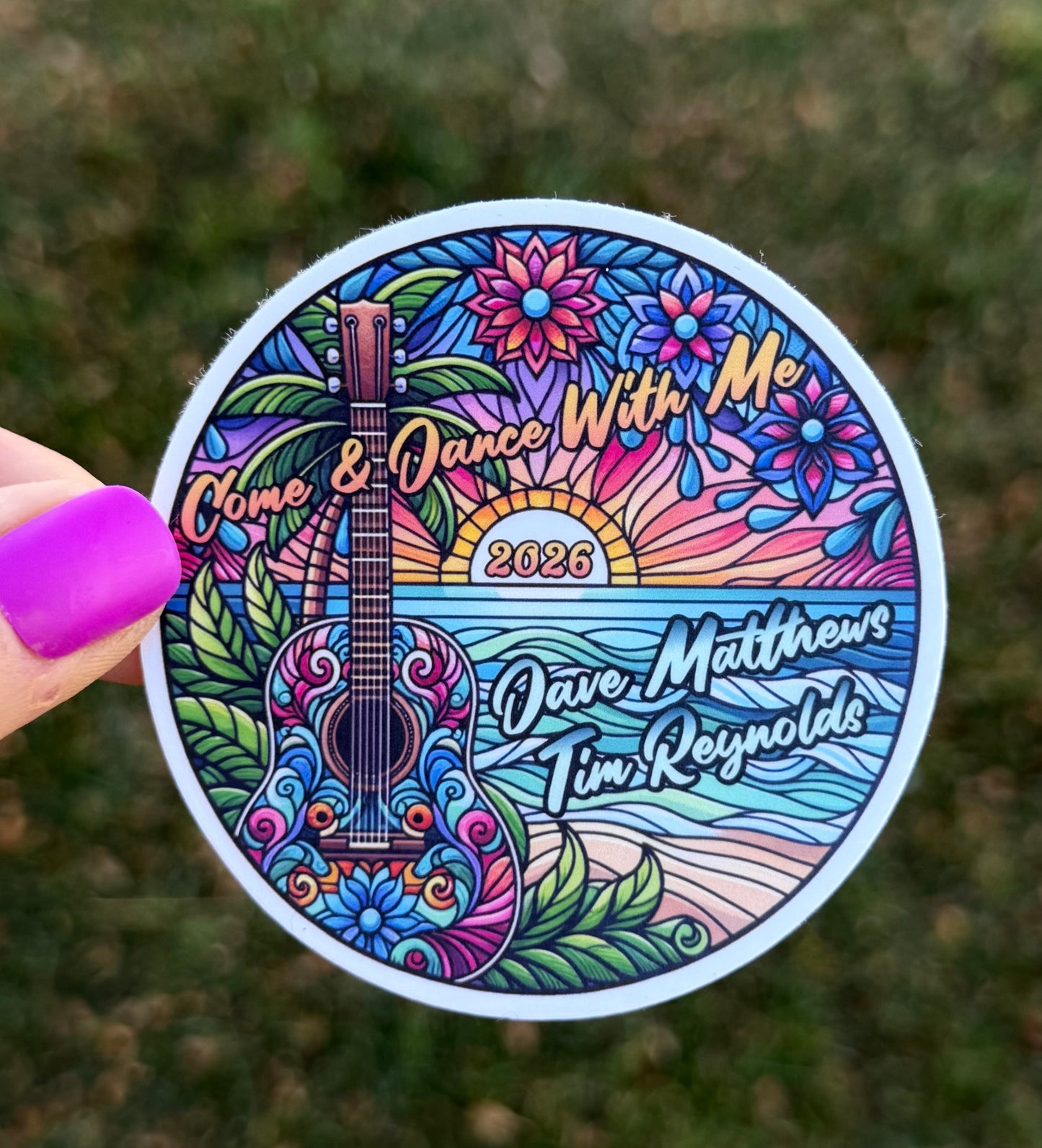 Dave Matthews Tim Reynolds Mexico 2026 Come & Dance With Me Purple Pink Blue Guitar Ocean Sunset Vinyl Sticker Slap 3” x 3” Matte Finish