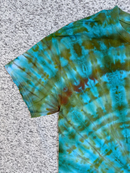MHD Olive Green Bright Blue Spiral Ice Dye Tie Dye Short Sleeve Shirt 100% Cotton Size Medium