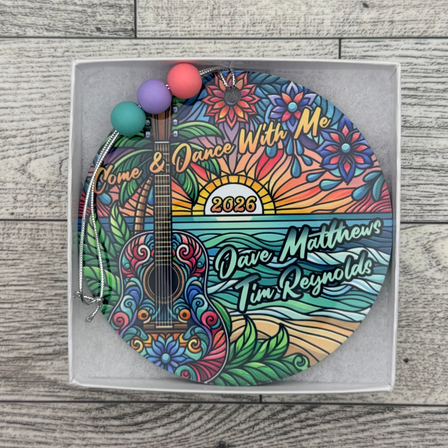 Dave Matthews Tim Reynolds Mexico 2026 Come & Dance With Me Purple Pink Blue Guitar Ocean Sunset Metal Holiday Christmas Ornament with Beads with Gift Box 2 Sizes: 2.75" x 2.75" or 3.5" x 3.5"