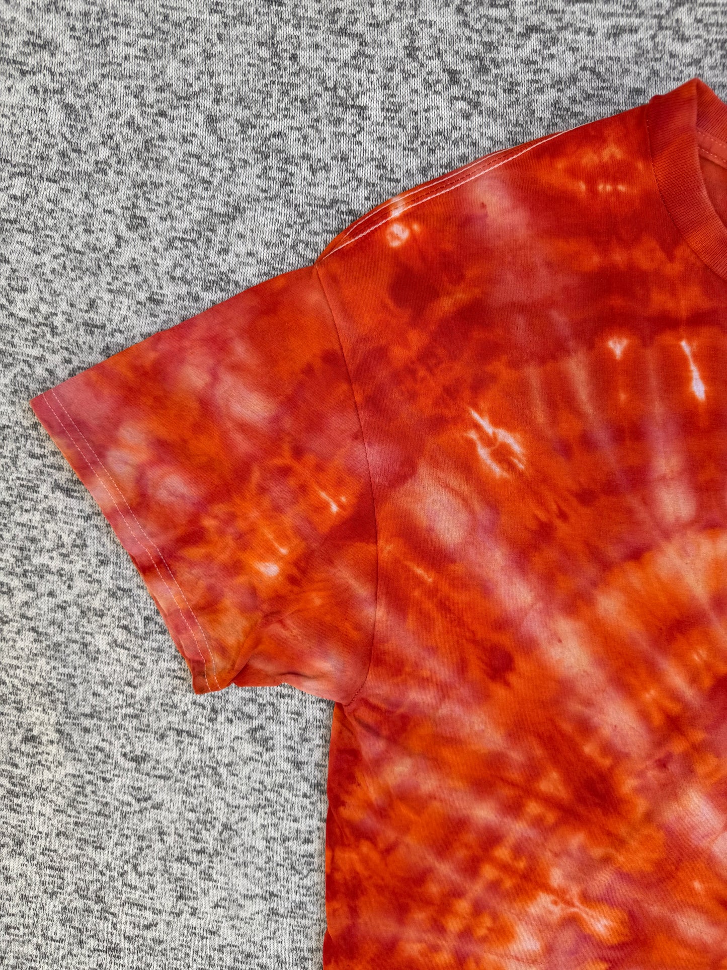 MHD Dark Orange Bright Orange Red Spiral Ice Dye Tie Dye Short Sleeve Shirt 100% Cotton Size XL