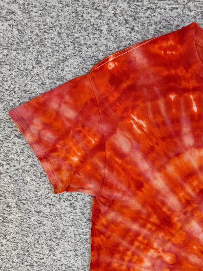 MHD Dark Orange Bright Orange Red Spiral Ice Dye Tie Dye Short Sleeve Shirt 100% Cotton Size XL