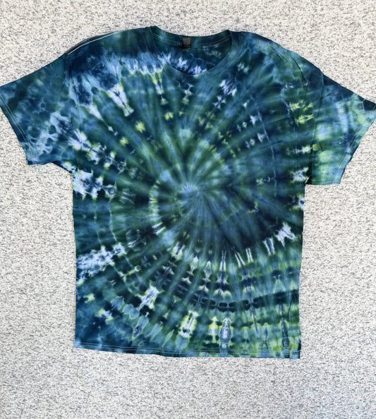 MHD Dark Green Navy Blue Light Green Spiral Ice Dye Tie Dye Short Sleeve Shirt 100% Cotton Size XL