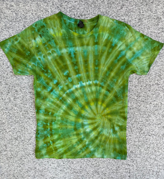 MHD Olive Green Bright Blue Spiral Ice Dye Tie Dye Short Sleeve Shirt 100% Cotton Size Large