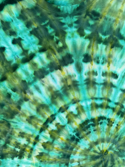 MHD Dark Green Olive Green Teal Spiral Ice Dye Tie Dye Short Sleeve Shirt 100% Cotton Size Large