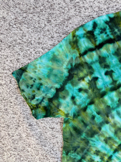 MHD Dark Green Olive Green Teal Spiral Ice Dye Tie Dye Short Sleeve Shirt 100% Cotton Size Large