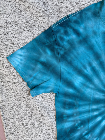 MHD Denim Blue Light Blue Green Spiral Ice Dye Tie Dye Short Sleeve Shirt 100% Cotton Size Medium
