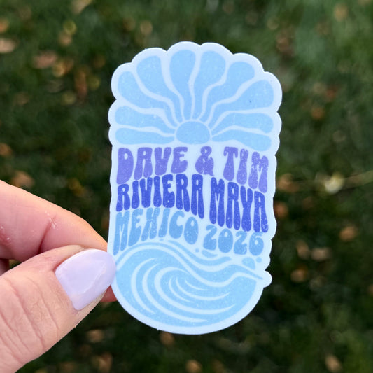 Dave & Tim Riviera Maya Mexico 2026 Sunshine Waves Purple Blue White Vinyl Sticker Slap 3" x 1.8" Matte Finish