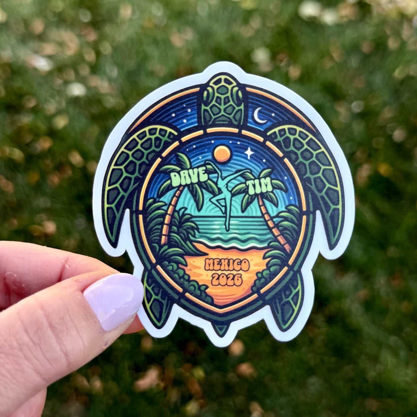 Dave & Tim Mexico 2026 Green Blue Sea Turtle Palm Trees Ocean Beach Vinyl Sticker Slap 3" x 2.8" Matte Finish