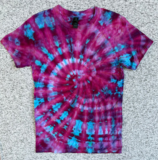 MHD Purple Pink Blue Teal Spiral Ice Dye Tie Dye Short Sleeve Shirt 100% Cotton Size Small