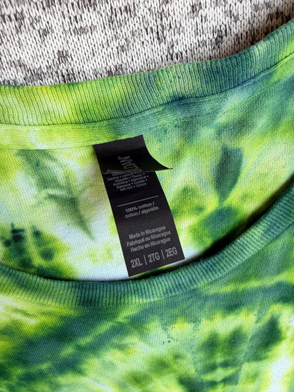 MHD Dark Green Light Green Yellow Spiral Ice Dye Tie Dye Short Sleeve Shirt 100% Cotton Size XXL