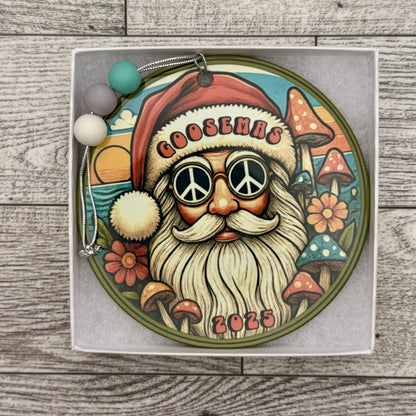 Goose Goosemas Hippie Santa Peace Sign Sunglasses Mushrooms Flowers Ocean Waves Metal Holiday Christmas Ornament with Beads with Gift Box 2 Sizes: 2.75" x 2.75" or 3.5" x 3.5"