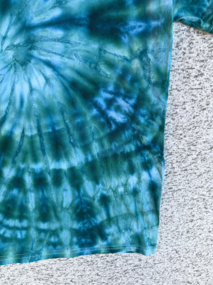 MHD Green Dark Blue Light Green Spiral Ice Dye Tie Dye Short Sleeve Shirt 100% Cotton Size Medium
